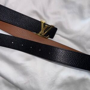 Louis Vuitton Black Leather Belt with Gold LV Buckle and Brown Reverse